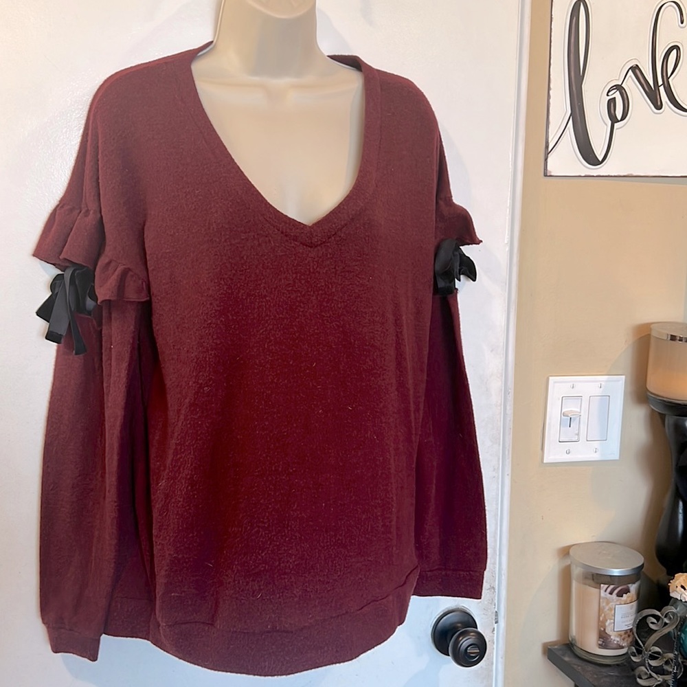 Crave Fame Womens Sweater with peek A Boo Ruffle Sleeves with Black Velvet Bows